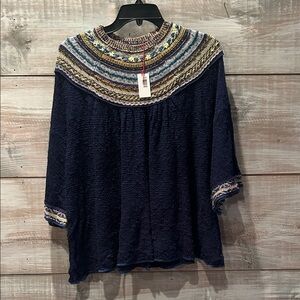 NWT FREE PEOPLE Navy Blue Women's Top with Multicolor Accents size M/L